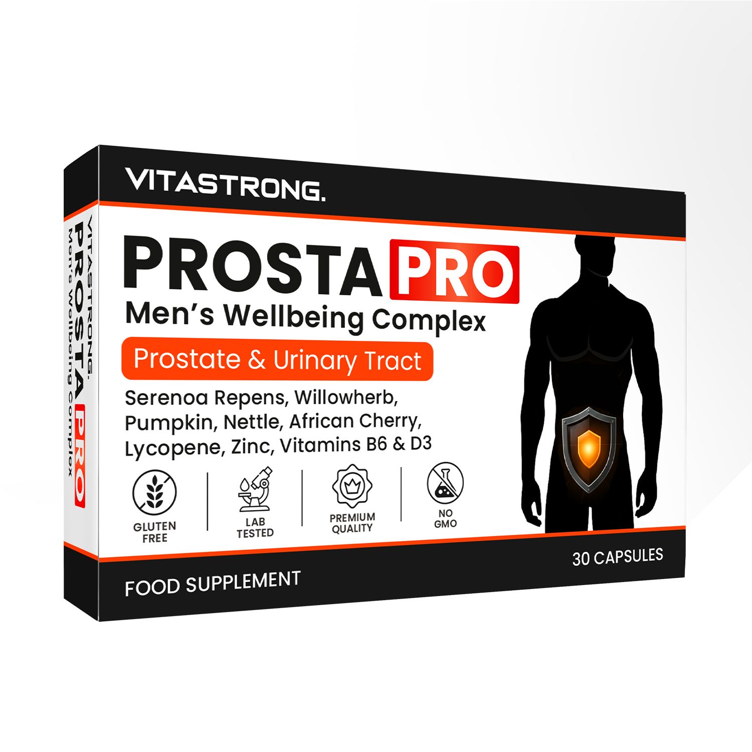 Schachtel mit Vitastrong Prosta Pro Kapseln. Enthält 30 Kapseln. Glutenfrei, Laborgetestet, Premium Qualität, ohne GMO.