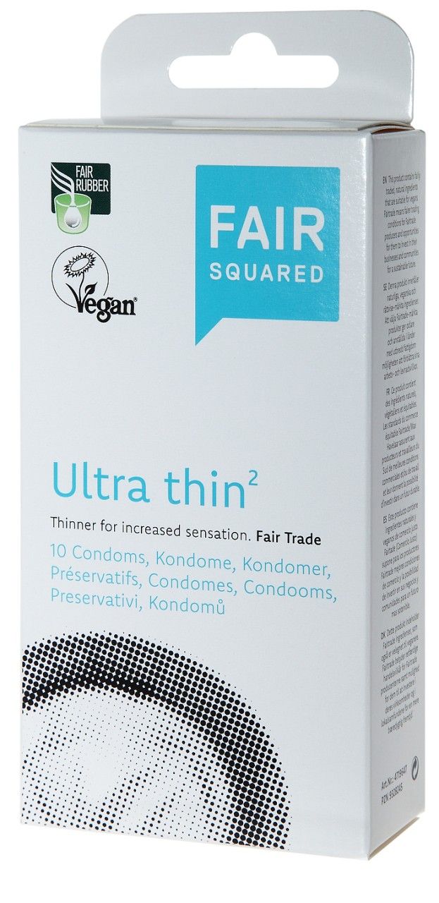 Weiße Schachtel mit "Fair Squared Ultra thin²". Vegan-Siegel. 10 Kondome. Fair Trade.