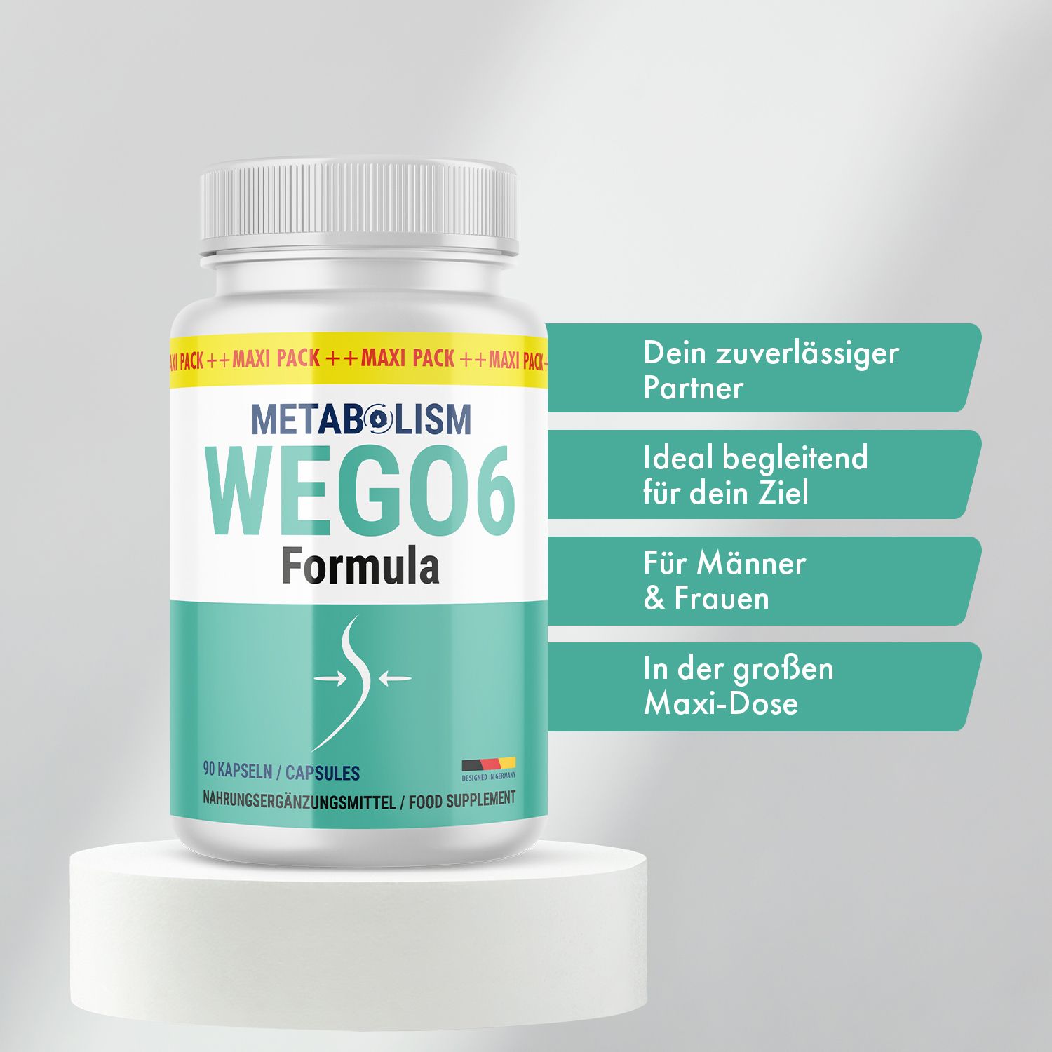 Weißes Pillenbehälter mit blau-grüner Etikettierung. Aufschrift: METABOLISM WEGO6 Formula. Text auf grünem Hintergrund.