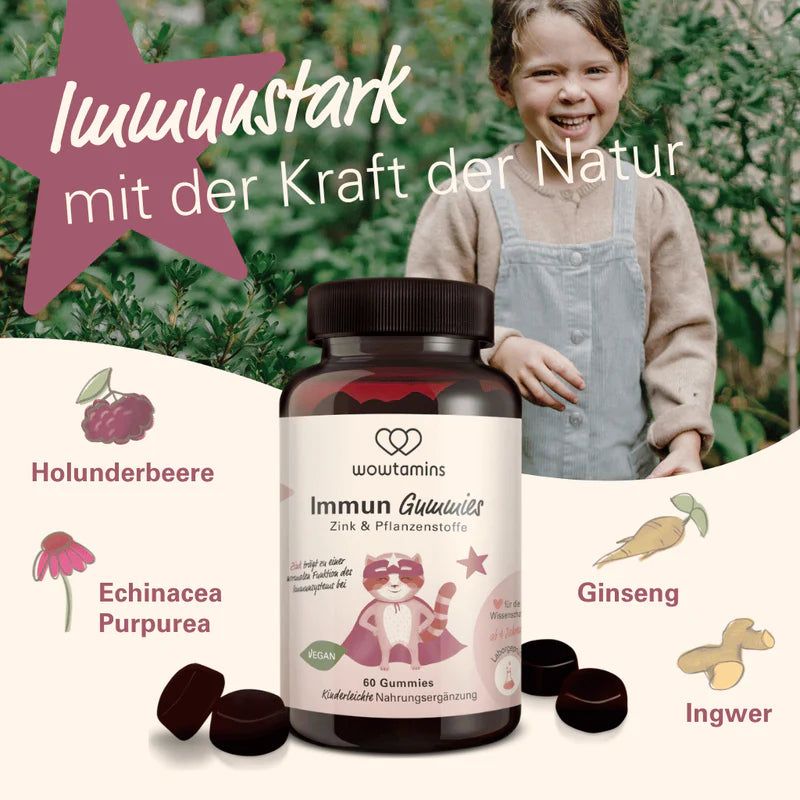 Flasche wowtamins Immun Gummies, mit Illustration eines Waschbären und Text.