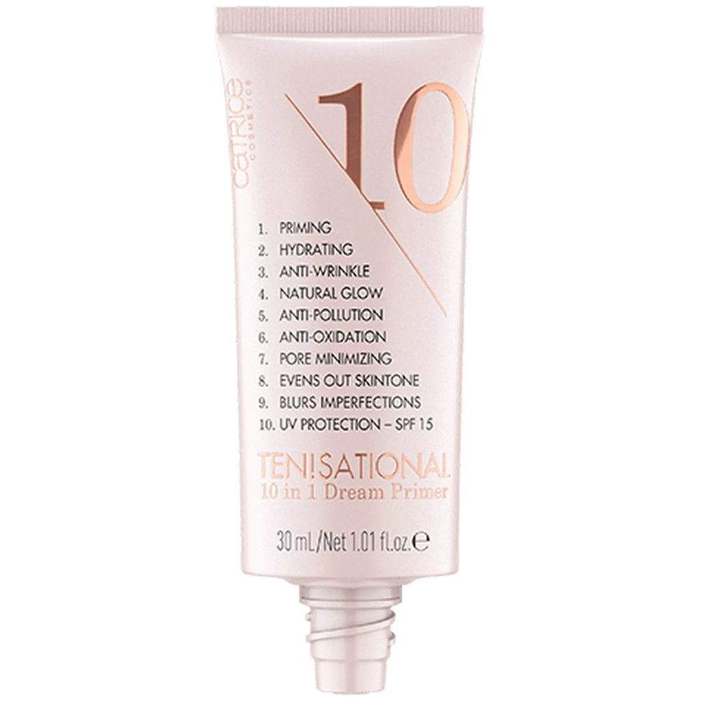 Catrice Ten!sational 10 in 1 Dream Primer Tube. Rosa-beige Tube mit Produktinformationen. Enthält 30 ml. Mit SPF 15.