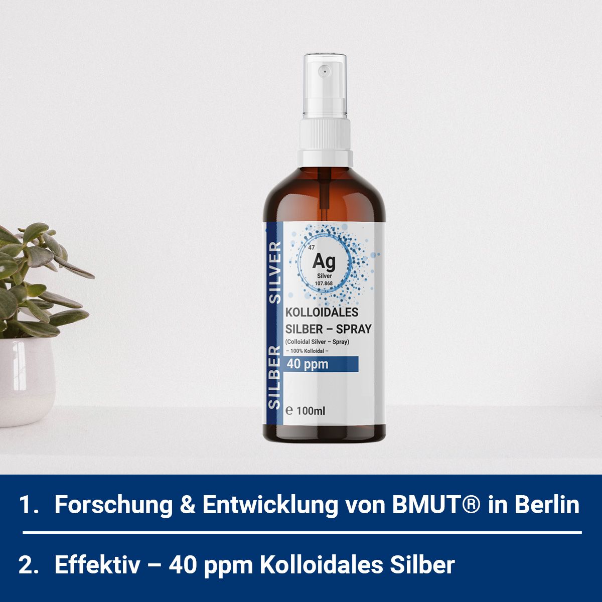 Braunglasflasche mit Sprühkopf. Etikett mit Produktinformationen: 40 ppm Kolloidales Silber Spray. Auf weißem Regal.