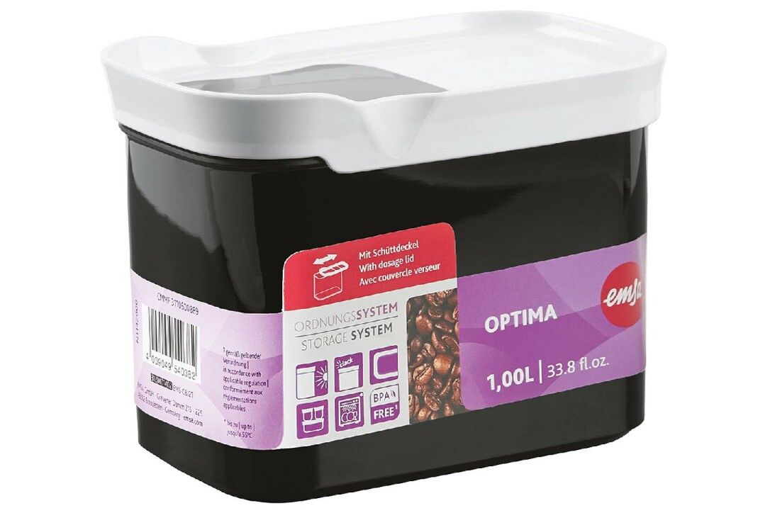 Schwarze Trockenvorratsdose mit weißem Deckel. Aufkleber mit Produktnamen Optima, Volumenangabe und Logo. BPA-frei.