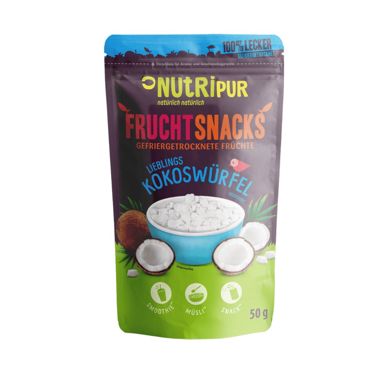Verpackung NutriPur Frucht Snacks Kokoswürfel. 50g Packung. Smoothie, Müsli und Snack Symbole.