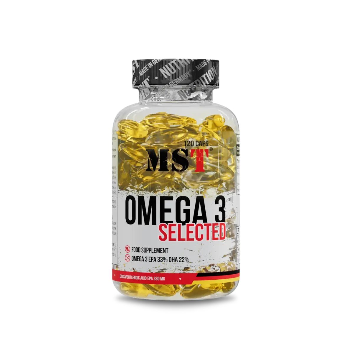 Klare Flasche mit gelben Kapseln. Aufschrift MST Omega 3 Selected. Enthält 120 Kapseln.
