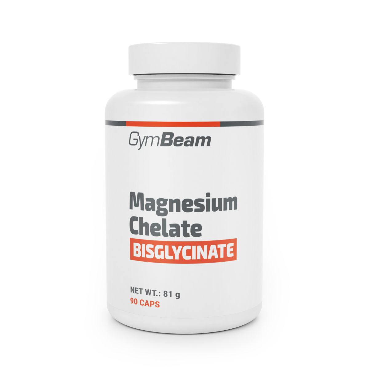 Weiße Flasche GymBeam Magnesium Chelate Bisglycinate, 81 g, 90 Kapseln.