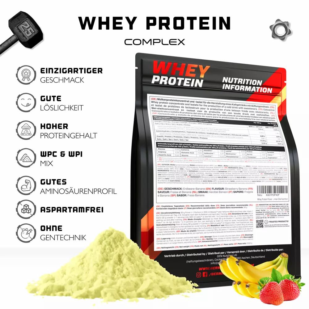 Schwarze Tüte mit Whey Protein Complex. Gelbes Pulver daneben. Aufdruck mit Nährwertangaben und Zutaten. Bananen und Erdbeeren liegen daneben.