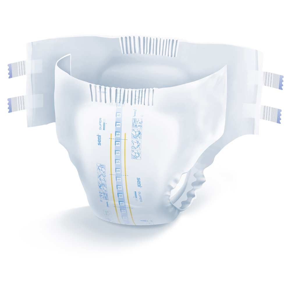 Seni Super S Windel. Weiße Windel mit blauen und gelben Details. Seitliche Klebestreifen. Innenliegende Indikatoren.