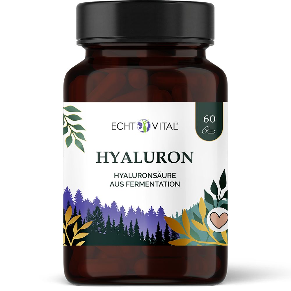 Braune Glasflasche mit Echt Vital Hyaluron Kapseln, 60 Stück.