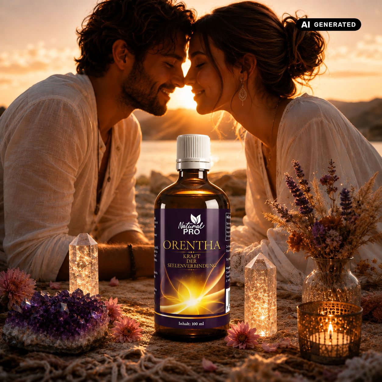 Braune Glasflasche mit weißem Schraubverschluss, auf einem Strand bei Sonnenuntergang zwischen einem Paar platziert. Das Etikett zeigt den Produktnamen und eine stilisierte Darstellung von Energie.