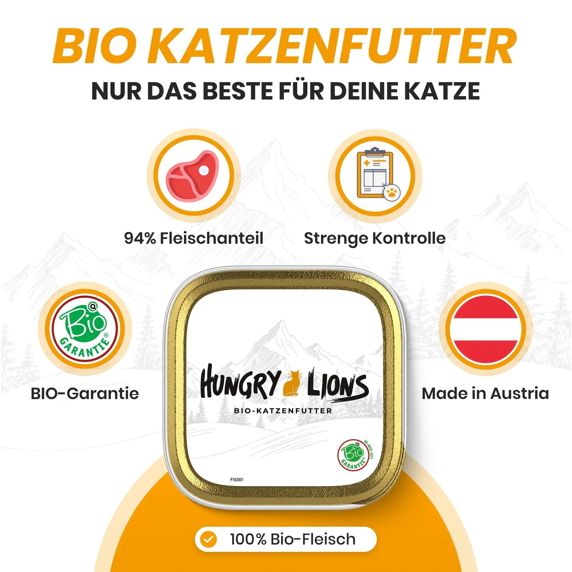 Dose Tierfutter mit Aufdruck 'Hungry Lions Bio-Katzenfutter'. Symbole für Fleischanteil und Herkunft.