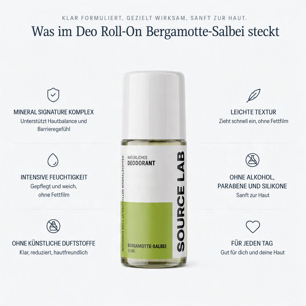SOURCE LAB Deo Roll-on: Mineral Komplex, Feuchtigkeit, leichte Textur, ohne Alkohol, Parabene, Silikone, Duftstoffe.