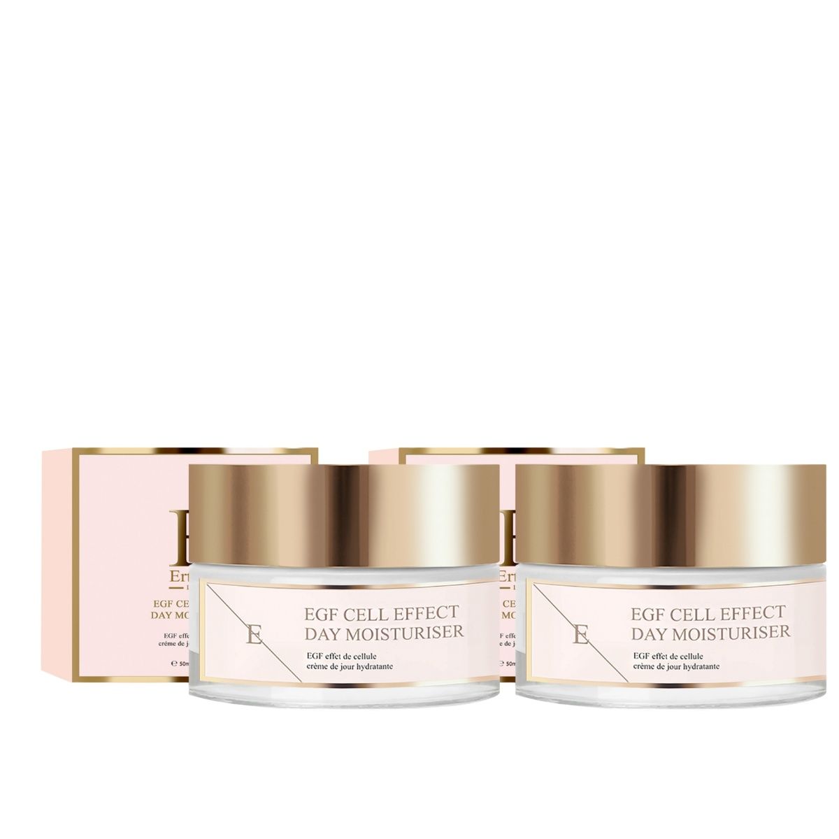 Zwei Tiegel Tagesfeuchtigkeitscreme mit goldfarbenen Deckeln und Etiketten. Aufschrift: EGF Cell Effect Day Moisturiser.