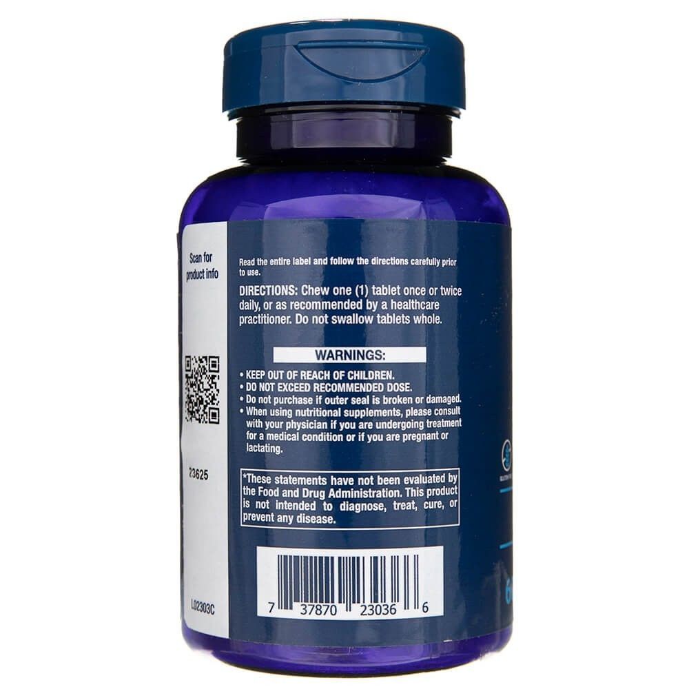 Rückseite der Flasche: Anweisungen, Warnhinweise und Barcode. 60 Tabletten.