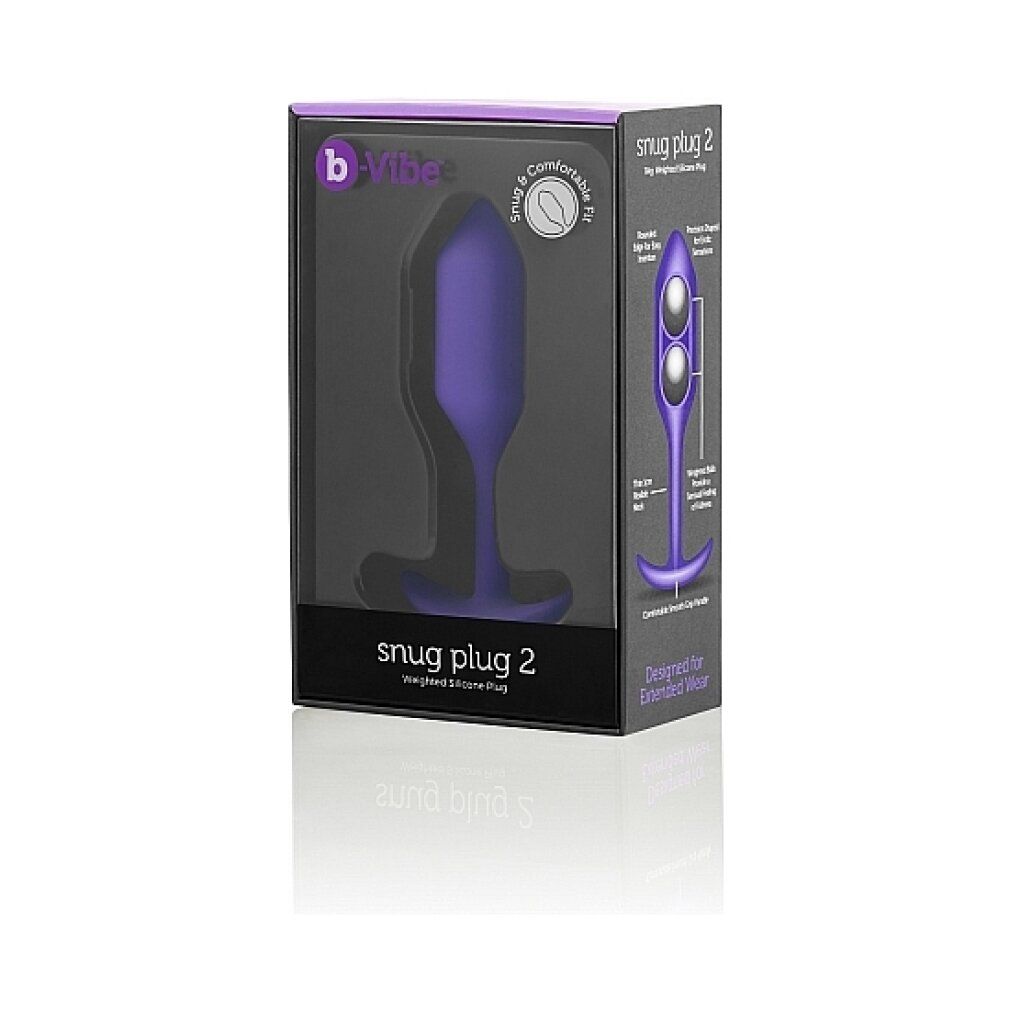 Lila Analplug neben Verpackung. Verpackung mit Produktabbildung und Produktname 'snug plug 2'.