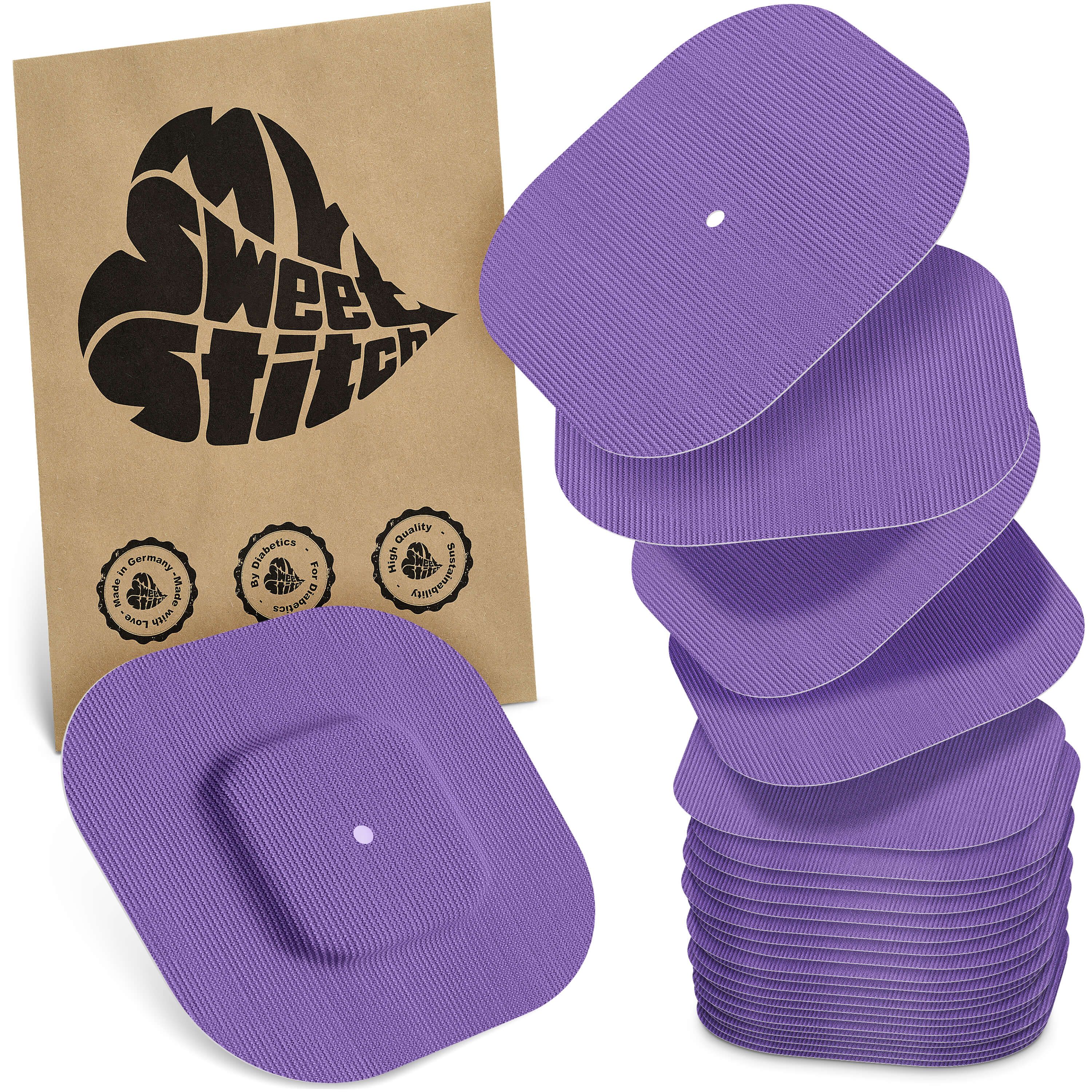 Beutel mit Logo. Lila, rechteckige Pflaster mit Loch. Stapel von Pflastern. Siegel auf dem Beutel.