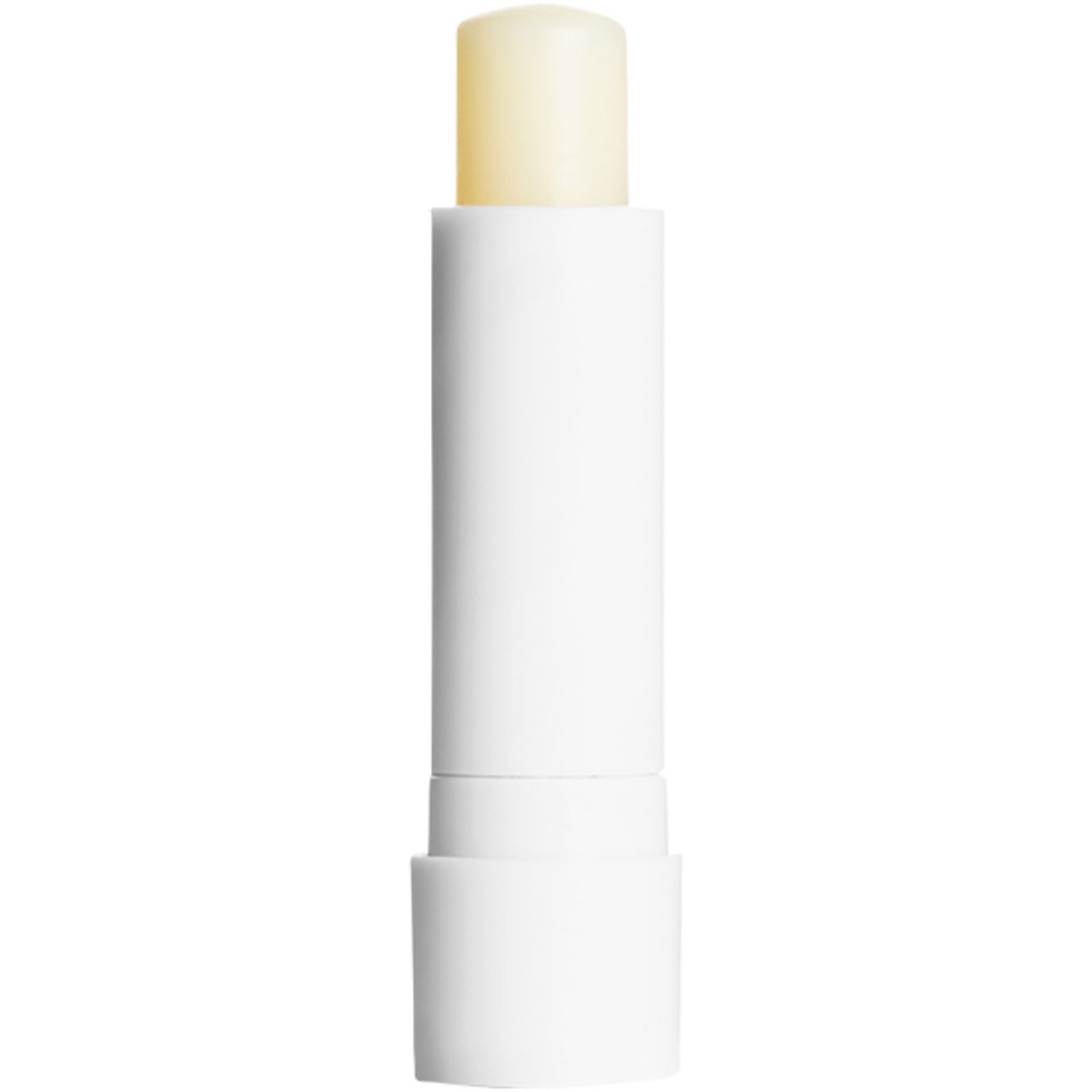 Weißer Lippenpflegestift, geöffnet. Der Stift ist ausgefahren und zeigt die cremige Textur. Der Stift hat eine zylindrische Form.