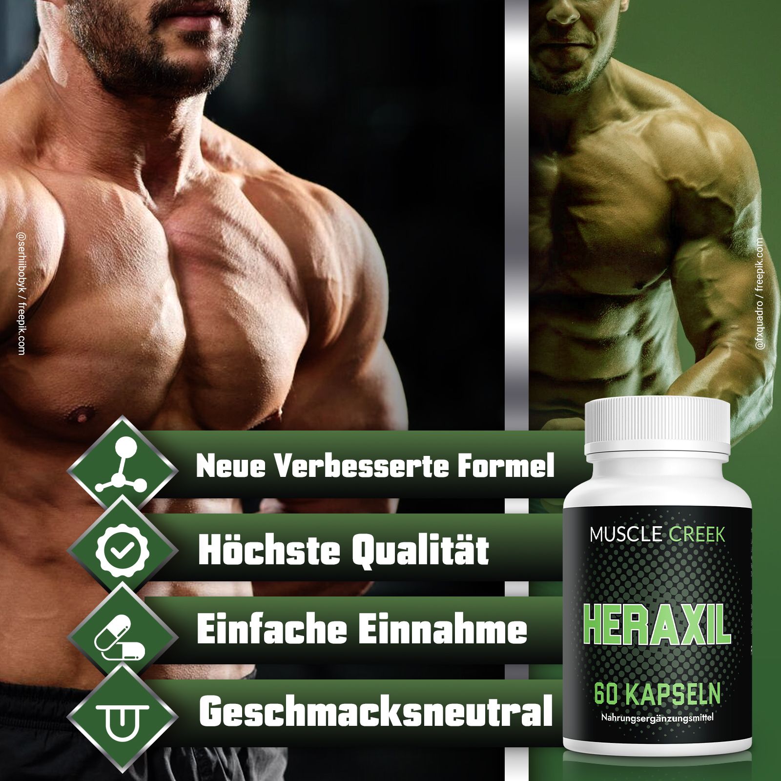 Weiße Flasche mit schwarzem Etikett. Aufschrift: Heraxil, 60 Kapseln. Text: Neue verbesserte Formel, Höchste Qualität, Einfache Einnahme, Geschmacksneutral.
