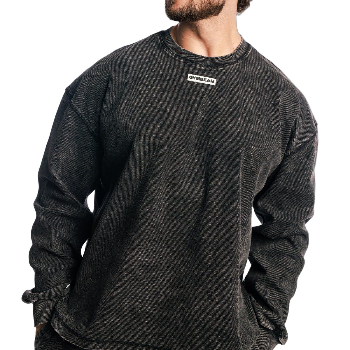 Herren Oversized Sweatshirt in Washed Black, Vorderansicht mit Logo.