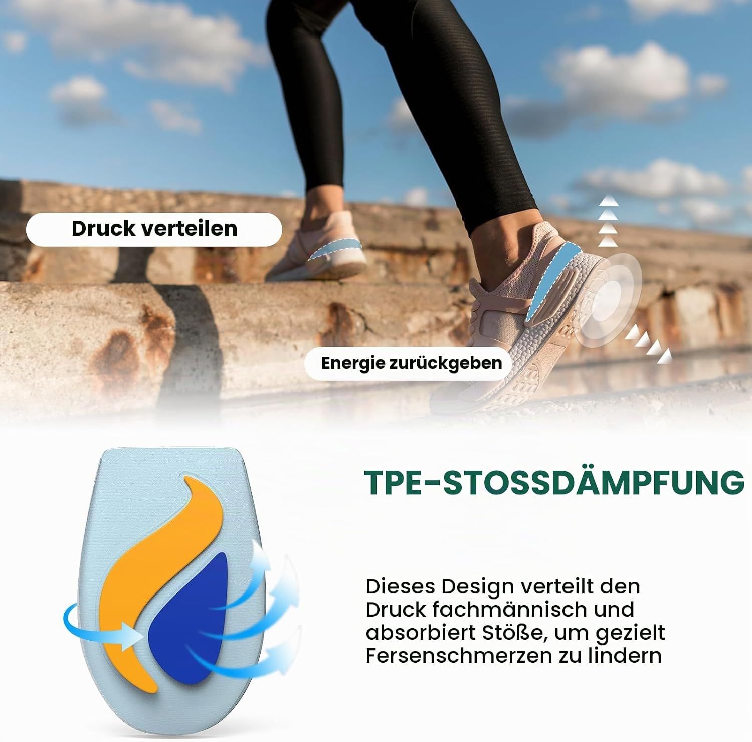 Läufer mit Einlegesohlen, die Druck verteilen und Energie zurückgeben.