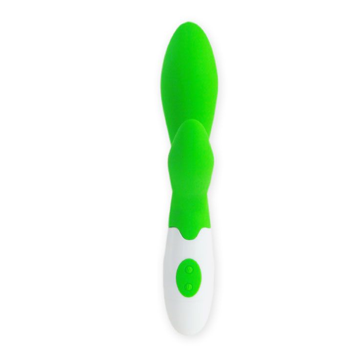 Grüner Vibrator mit weißem Griff und grünen Knöpfen. Form: zwei Blätter.