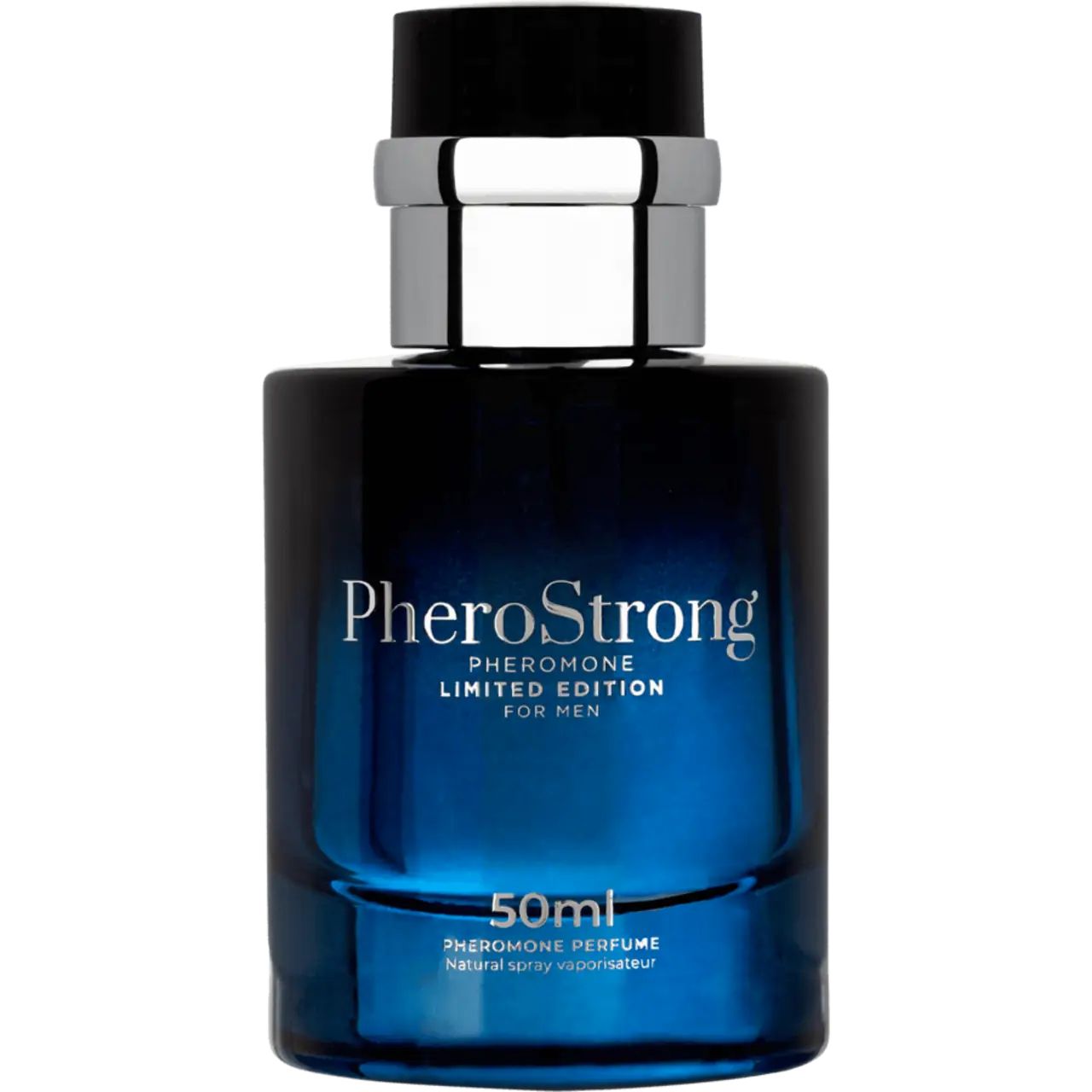 Blaues Parfumflakon mit silbernem Verschluss. Aufschrift: PheroStrong, Limited Edition für Männer, 50ml.