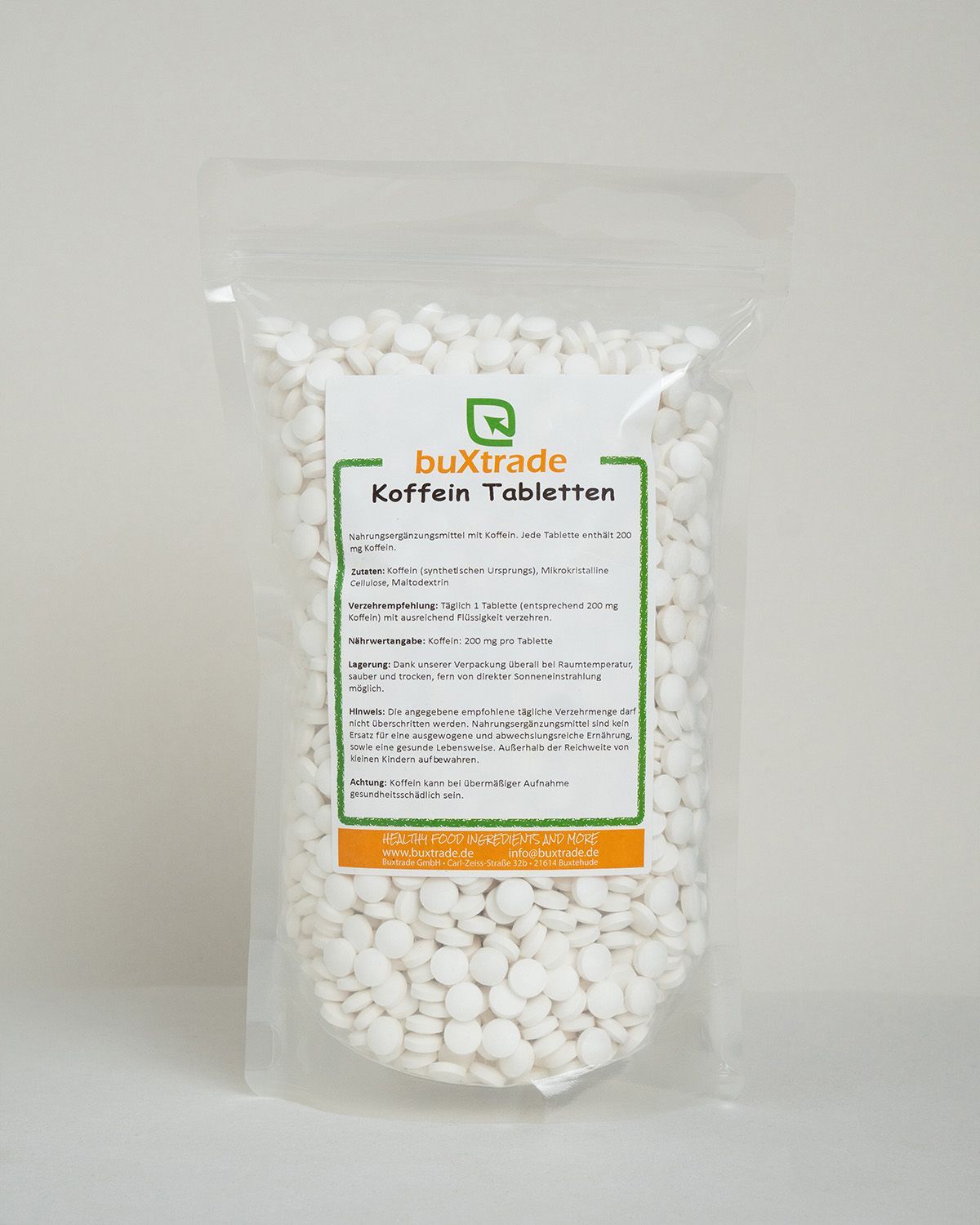 Verpackung mit buxtrade Koffein Tabletten, jede Tablette enthält 200 mg Koffein.