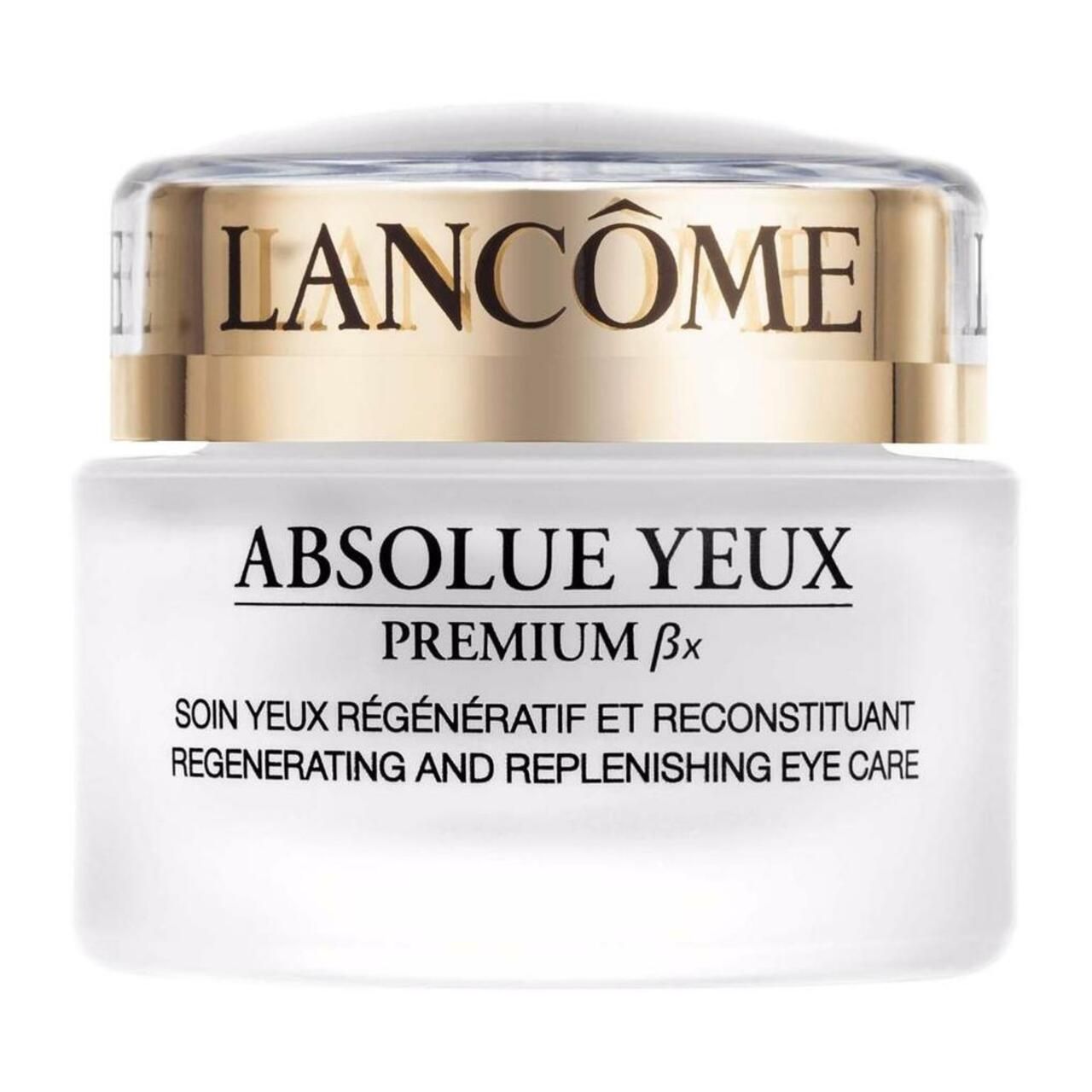 Augencreme-Tiegel mit goldfarbenem Deckel. Aufschrift: LANCÔME, Absolue Yeux Premium ßx. Text: Soin Yeux Régénératif et Reconstituant, Regenerating and Replenishing Eye Care.