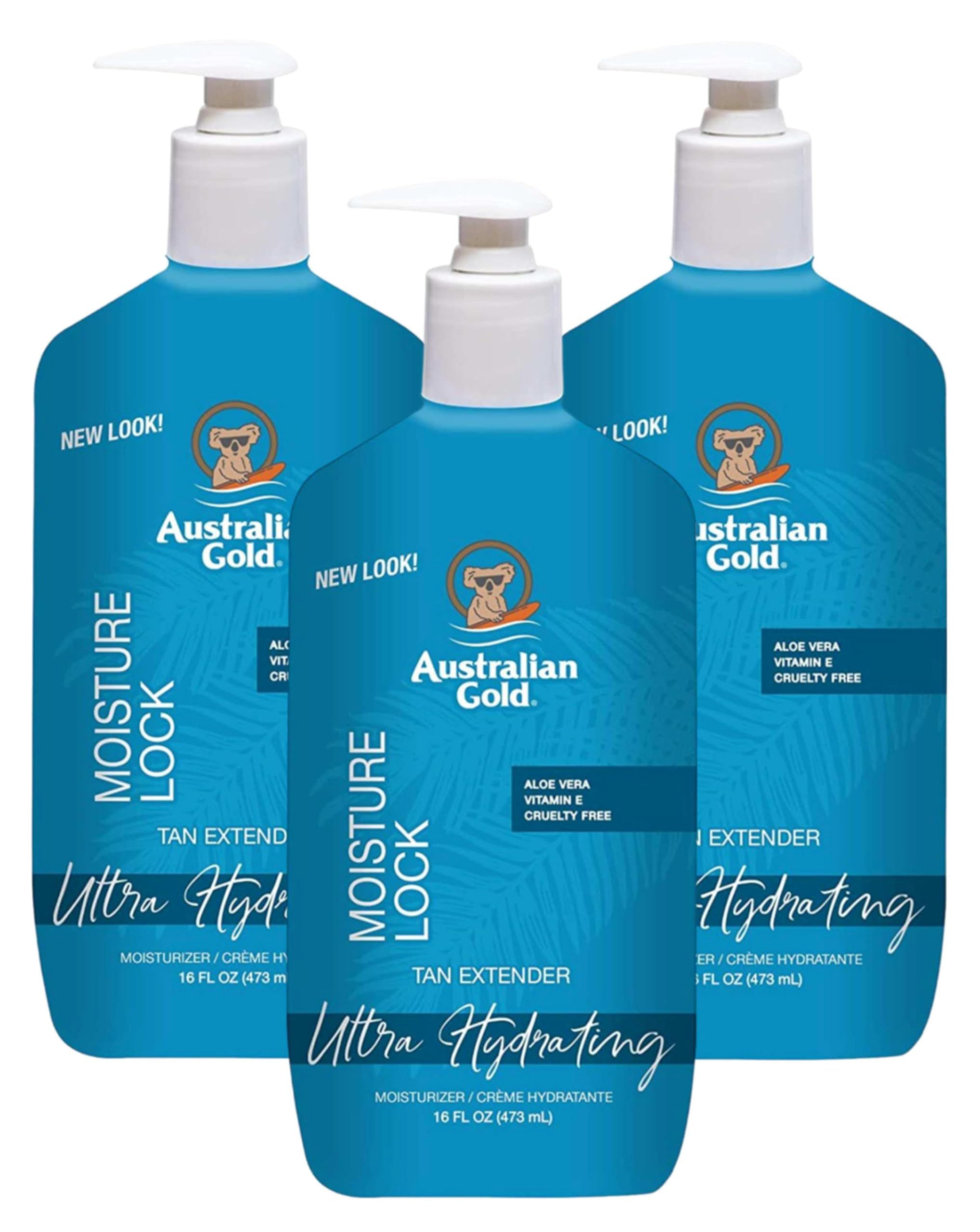 Drei Flaschen mit Pumpe. Aufschrift: Moisture Lock, Tan Extender, Ultra Hydrating Formula. Marke: Australian Gold. Aloe Vera, Vitamin E.