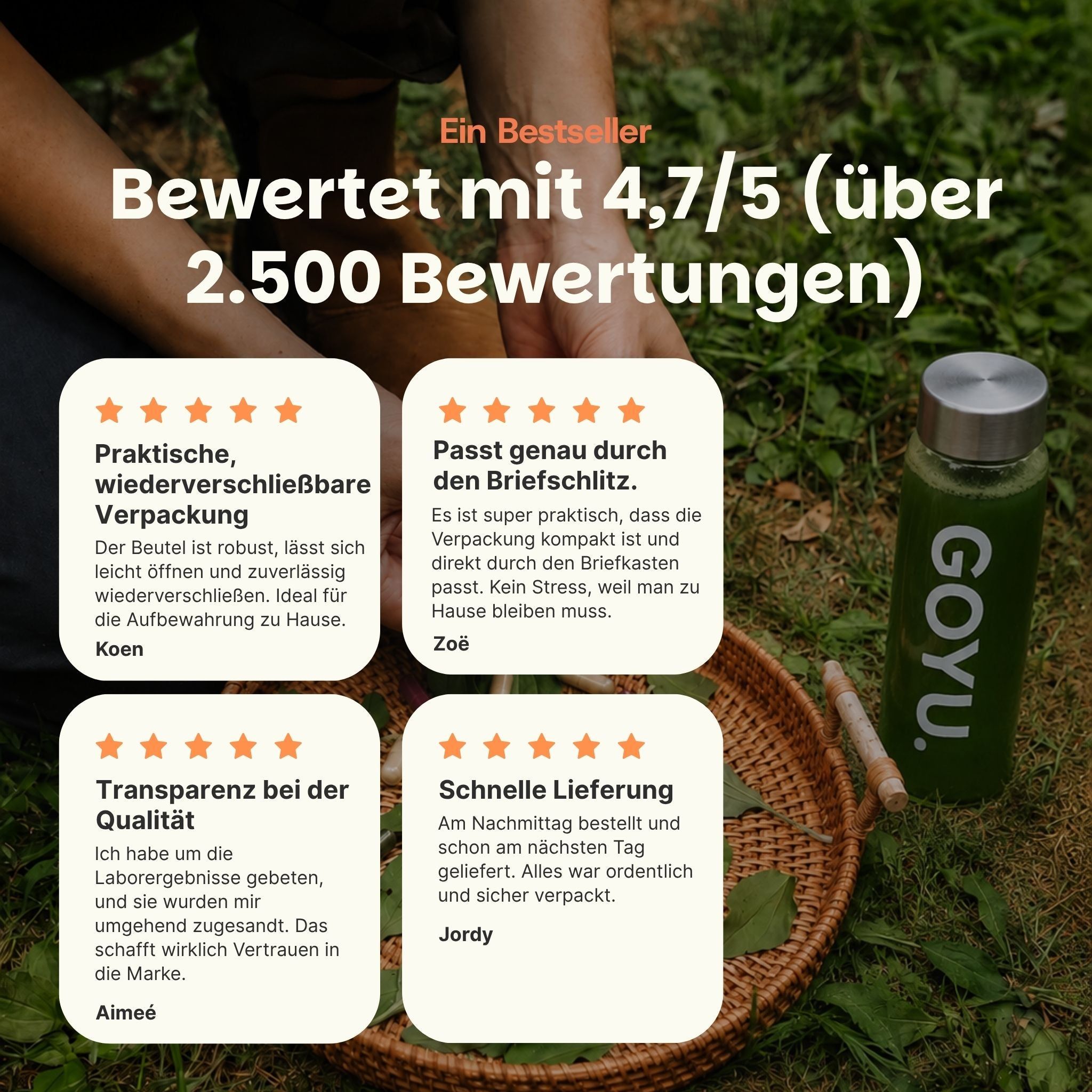 Bewertung mit 4,7/5 Sternen basierend auf über 2.500 Rezensionen. Zeigt eine grüne Trinkflasche.