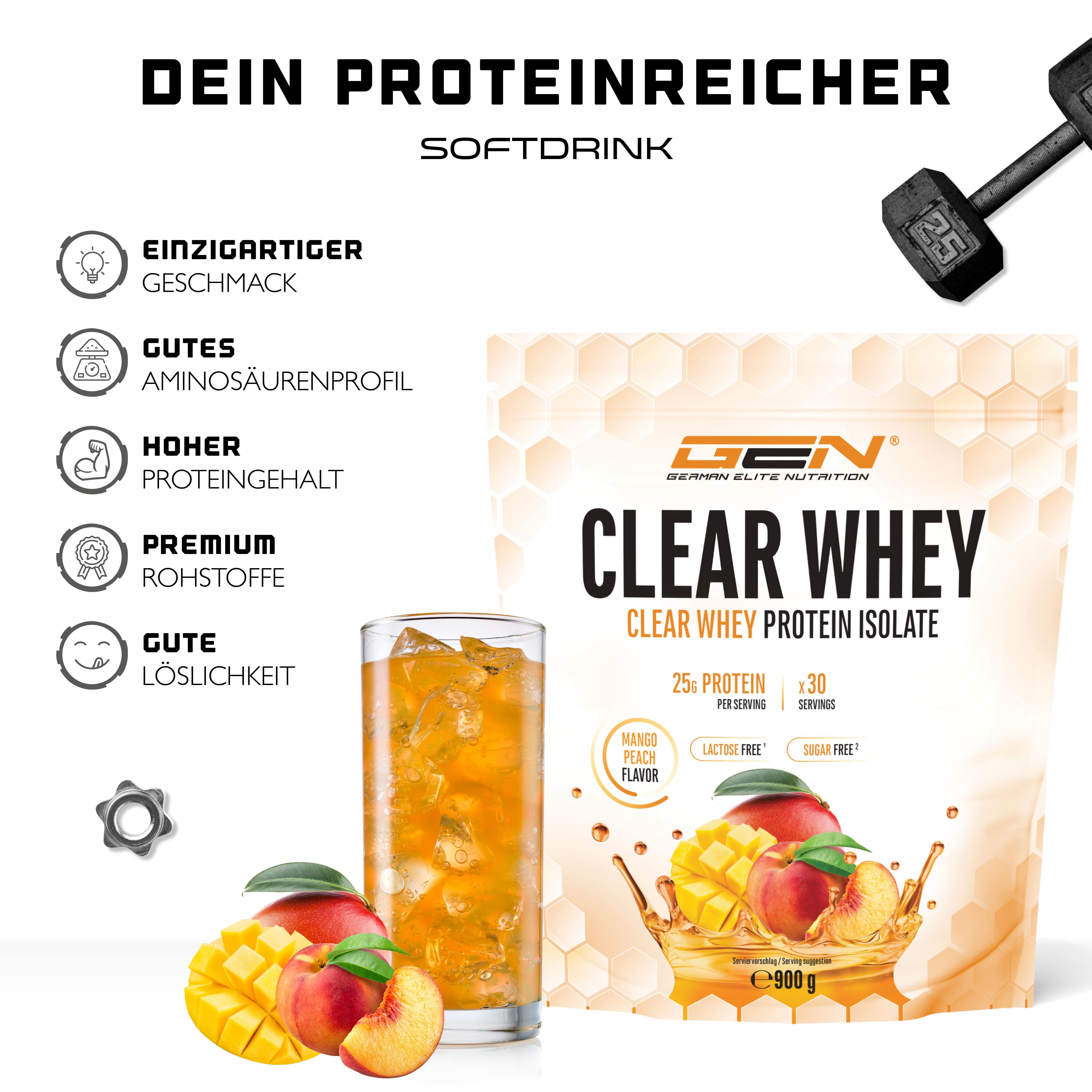 Werbebild mit GEN Clear Whey Protein Isolat. Glas mit Getränk, Früchte. Text: Dein proteinreicher Softdrink. Merkmale: Geschmack, Aminosäurenprofil, Proteingehalt, Rohstoffe.