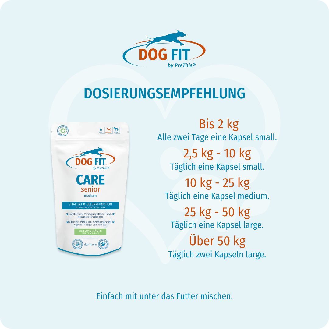 DOG FIT CARE senior medium. Dosierungsempfehlung: Bis 2 kg, alle zwei Tage eine Kapsel small. Über 50 kg, täglich zwei Kapseln large.