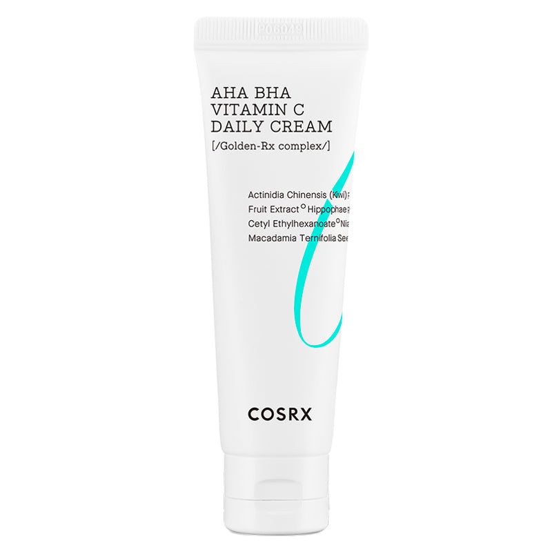Weiße Tube mit Aufschrift AHA BHA Vitamin C Daily Cream und COSRX-Logo. Türkisfarbene Akzente.