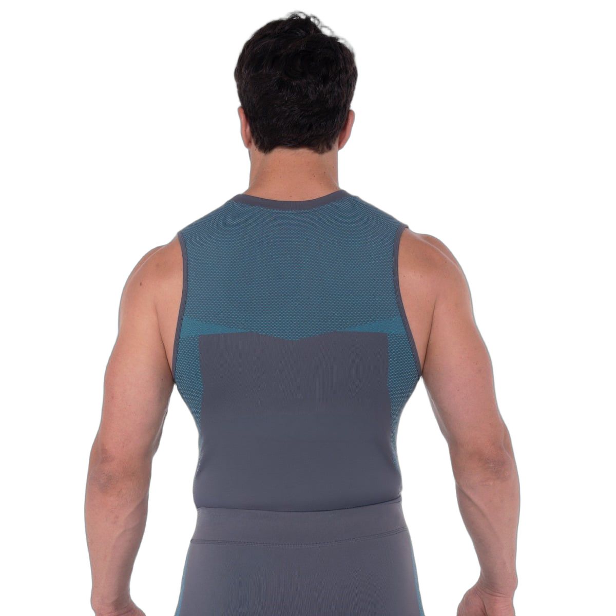 Rückansicht eines grauen Herren-Tanktops mit blauen Einsätzen und GymBeam OG1 Logo.