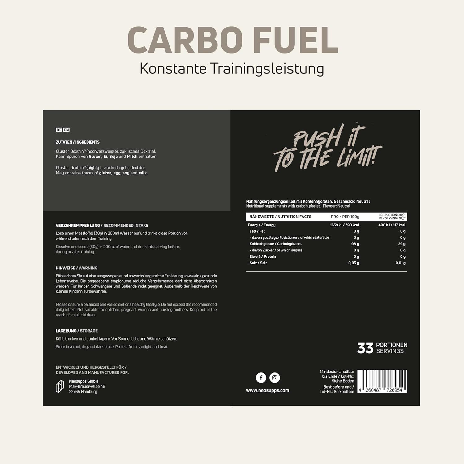 Rückseite der "CARBO FUEL"-Verpackung. Enthält Nährwertangaben, Zutatenliste und Verzehrempfehlung.