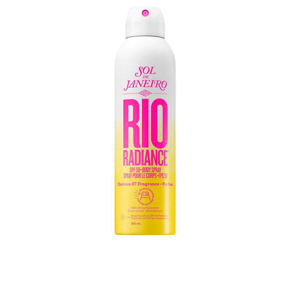 Weiß-gelbe Sprühflasche mit pinkfarbenem "RIO RADIANCE"-Schriftzug. SPF 50-Body Spray. Marke: Sol de Janeiro.