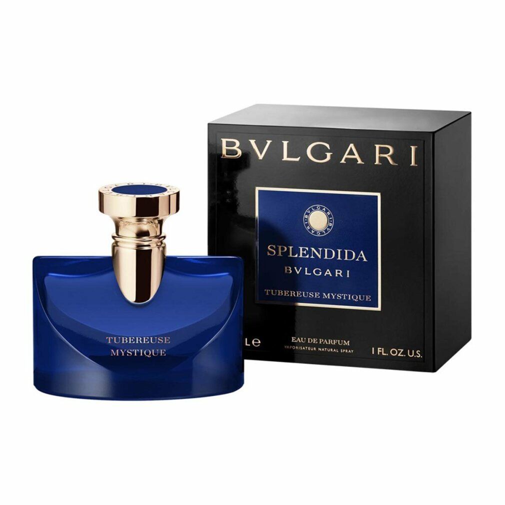 Blaue Parfumflasche und schwarze Verpackung. Aufschrift: Bvlgari Splendida Tubereuse Mystique Eau de Parfum Spray.