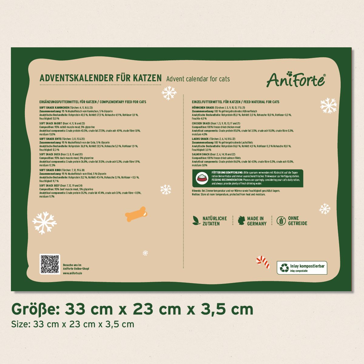 Adventskalender für Katzen. Größe: 33 cm x 23 cm x 3,5 cm. Text und Inhaltsangaben. Marke AniForte. Hergestellt in Deutschland.