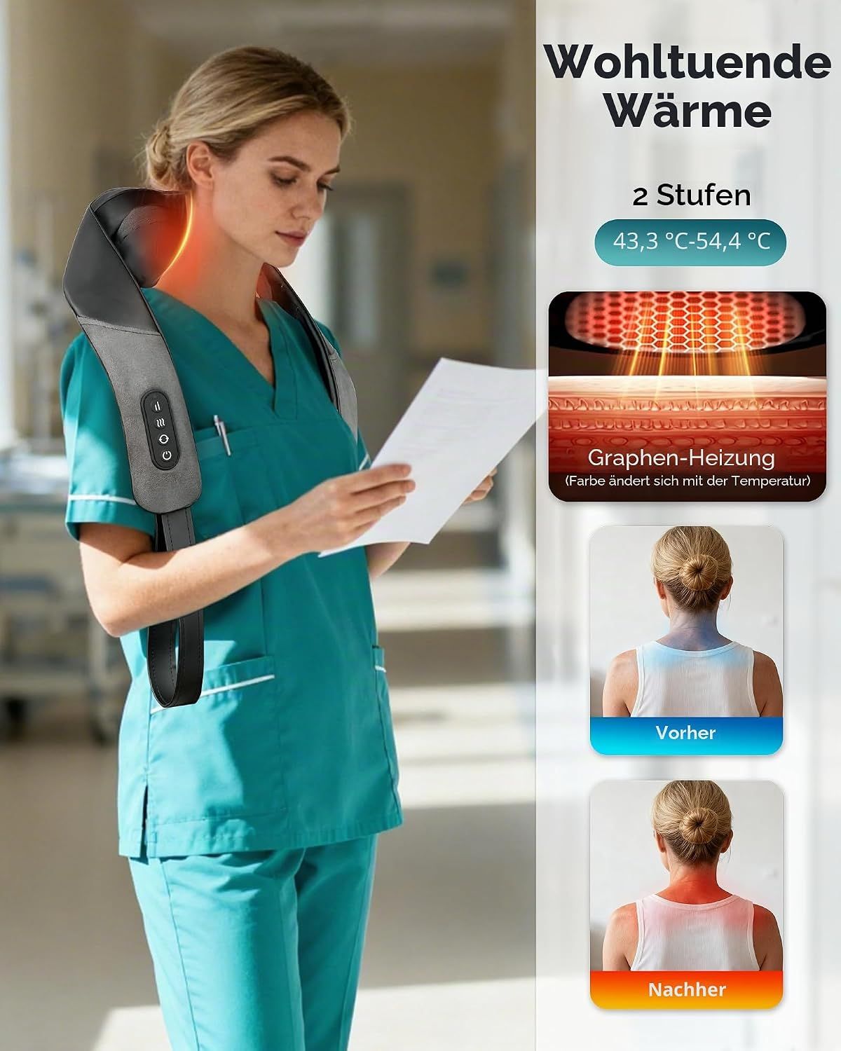 Kabelloses Nackenmassagegerät mit wiederaufladbaren Batterien, USB-C-Ladeanschluss und 1,5 Std. Ladezeit.