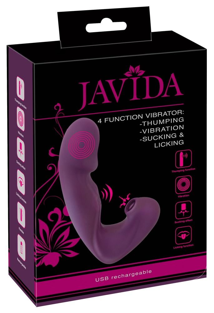 Lila Vibrator in Verpackung. Marke Javida. 4 Funktionen: Thumping, Vibration, Sucking & Licking. USB-aufladbar.