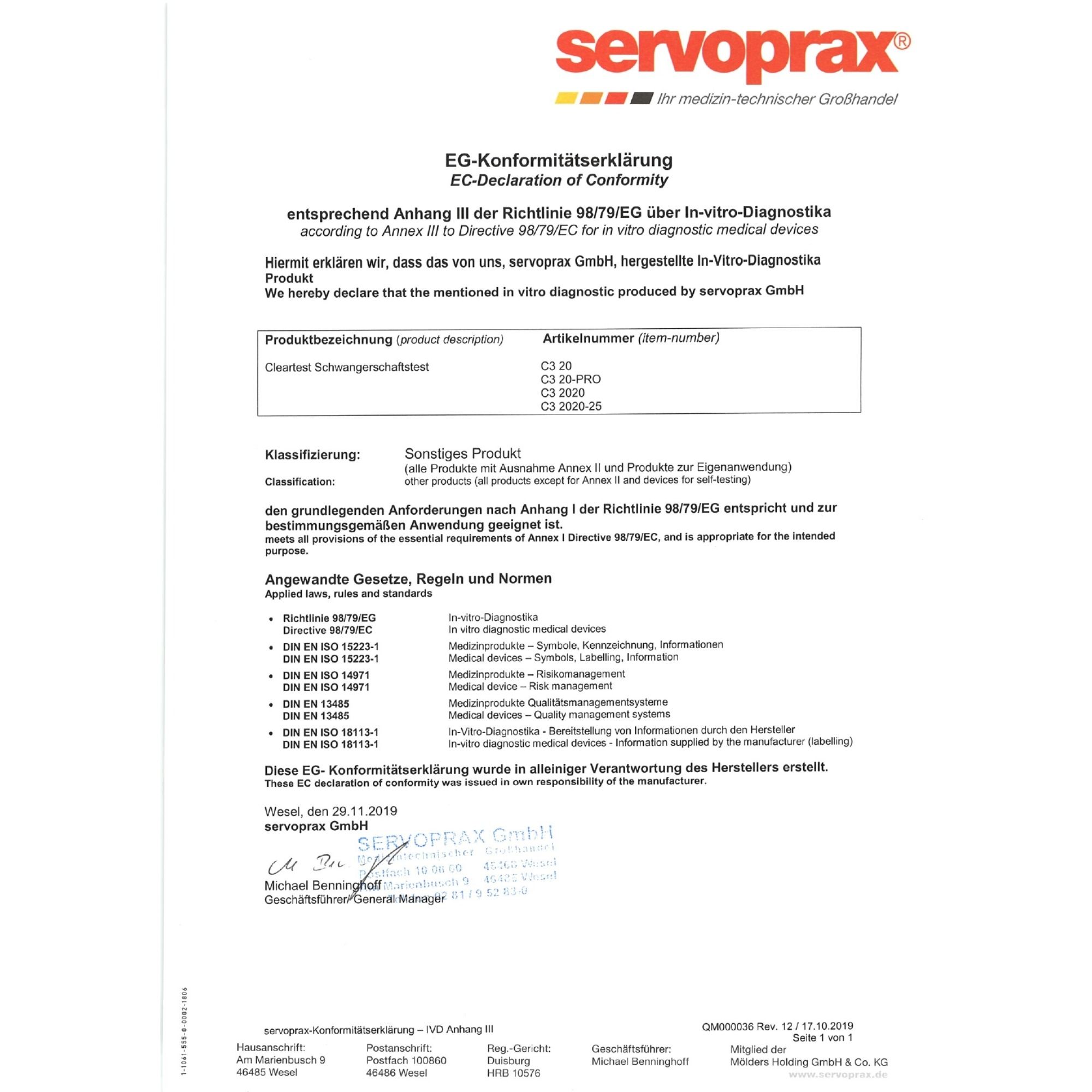 Konformitätserklärung. Text in deutscher Sprache. Logo von servoprax. Informationen zu Richtlinien und Normen.