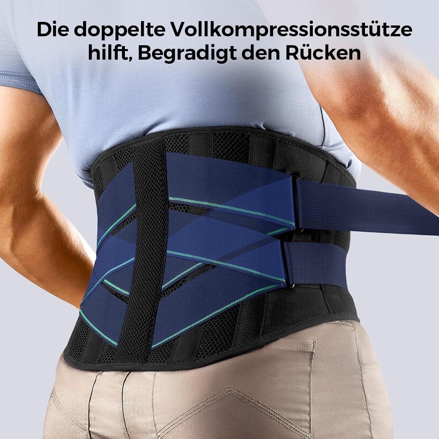 Frau sitzt am Schreibtisch, trägt Lendenwirbelstützgürtel, Schmerzvisualisierung.