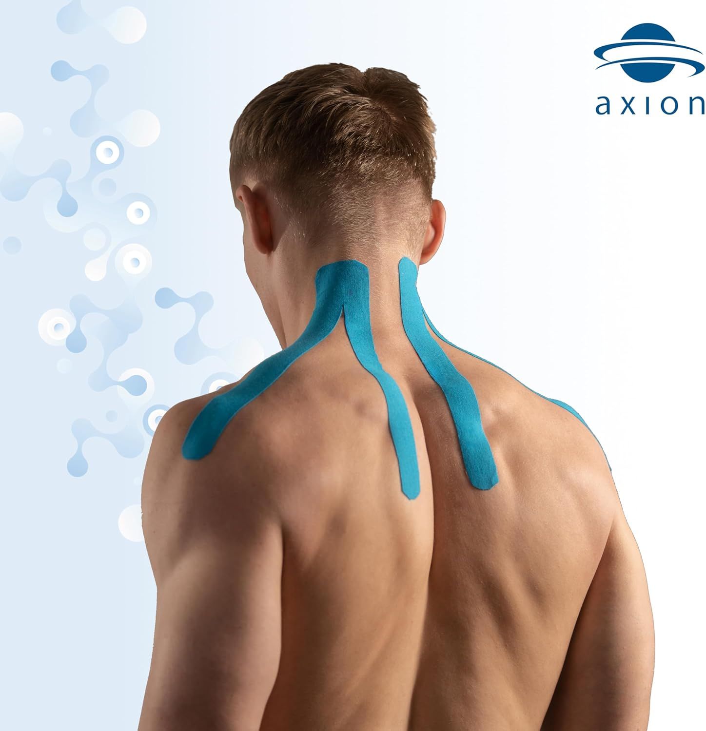 Mann mit blauem Kinesiologie-Tape am Nacken. Logo: axion.