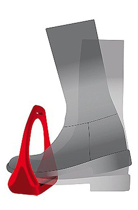 Roter Steigbügel, teilweise transparent dargestellt, mit einem Stiefel im Hintergrund. Das Produkt ist für den Reitsport bestimmt.