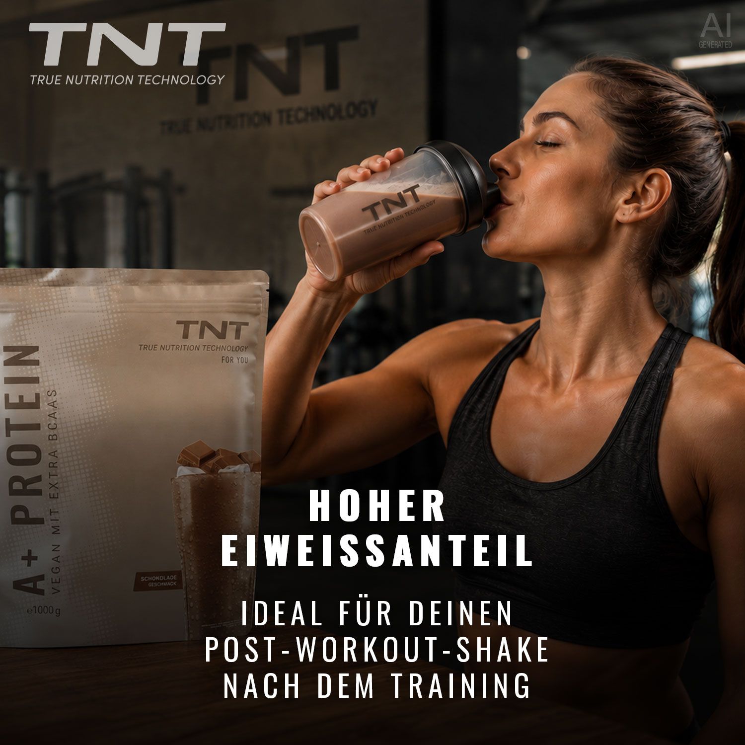 Frau trinkt Proteinshake aus TNT Shaker neben TNT A+ Protein Beutel.