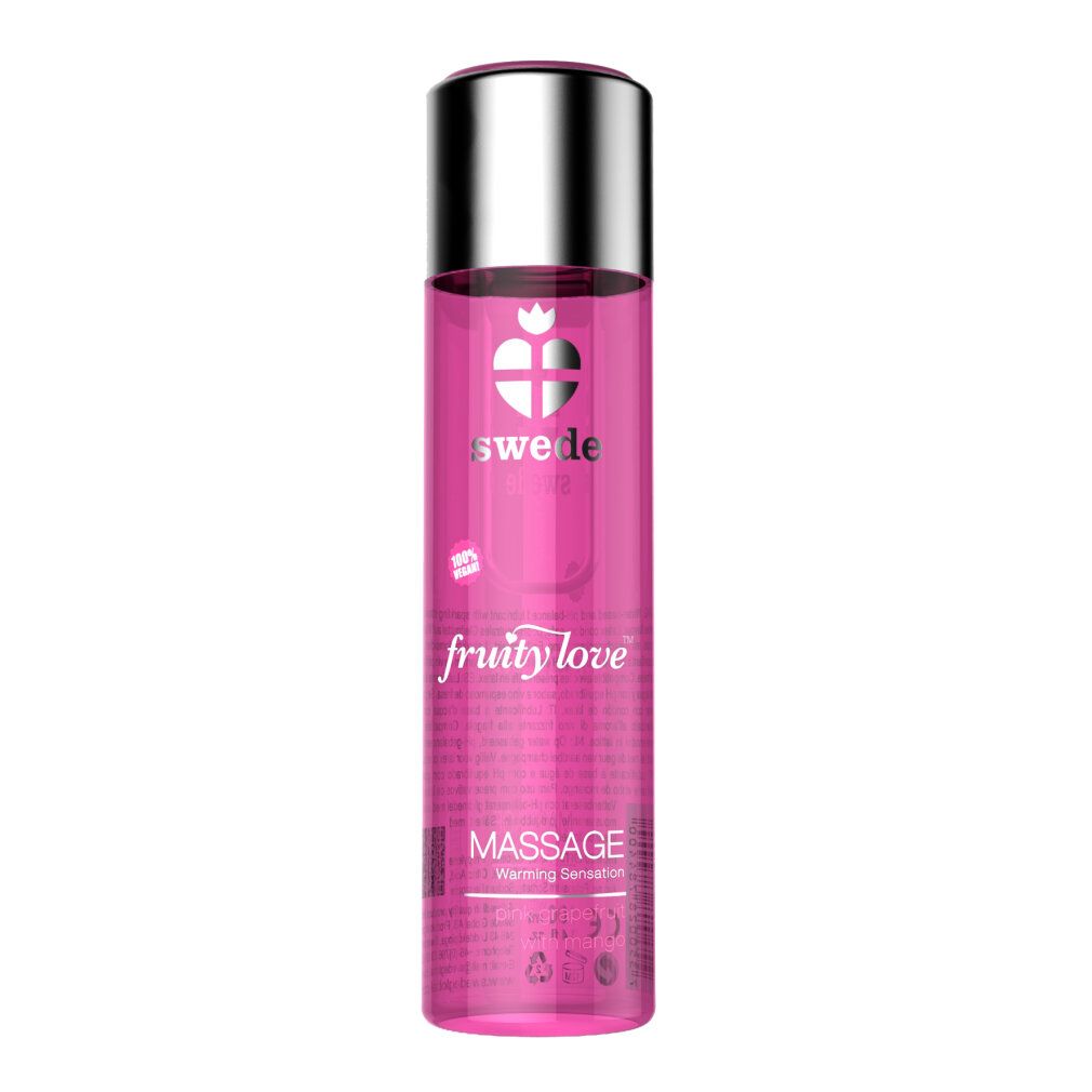 Zylindrische Flasche mit silbernem Deckel. Rosa Flüssigkeit. Aufschrift: Swede, fruity love, Massage.