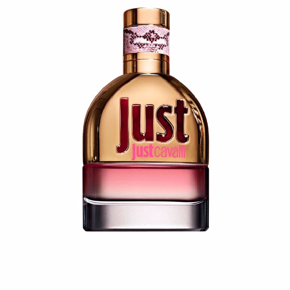 Parfümflakon mit goldener Kappe und rosa Farbverlauf. Aufschrift "Just Cavalli".