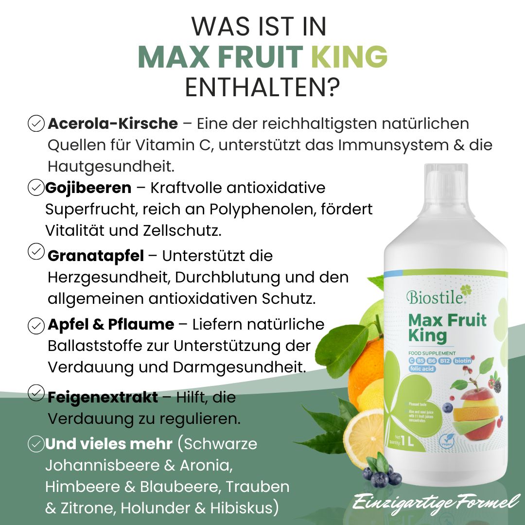 Biostile Max Fruit King Saftflasche mit Früchten und Liste der Inhaltsstoffe.