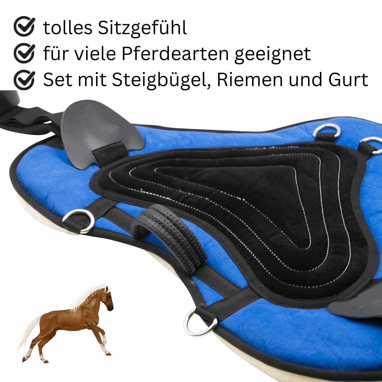 Blauer Sattel mit schwarzem Sitzbereich. Text: tolles Sitzgefühl, für viele Pferdearten geeignet, Set mit Steigbügel.