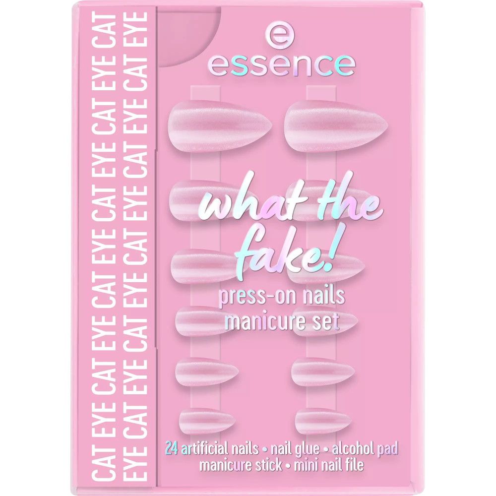 Rosa Verpackung mit künstlichen Nägeln. Aufschrift: Essence, What the Fake!, Press-On Nägel Maniküre-Set. Enthält Zubehör.